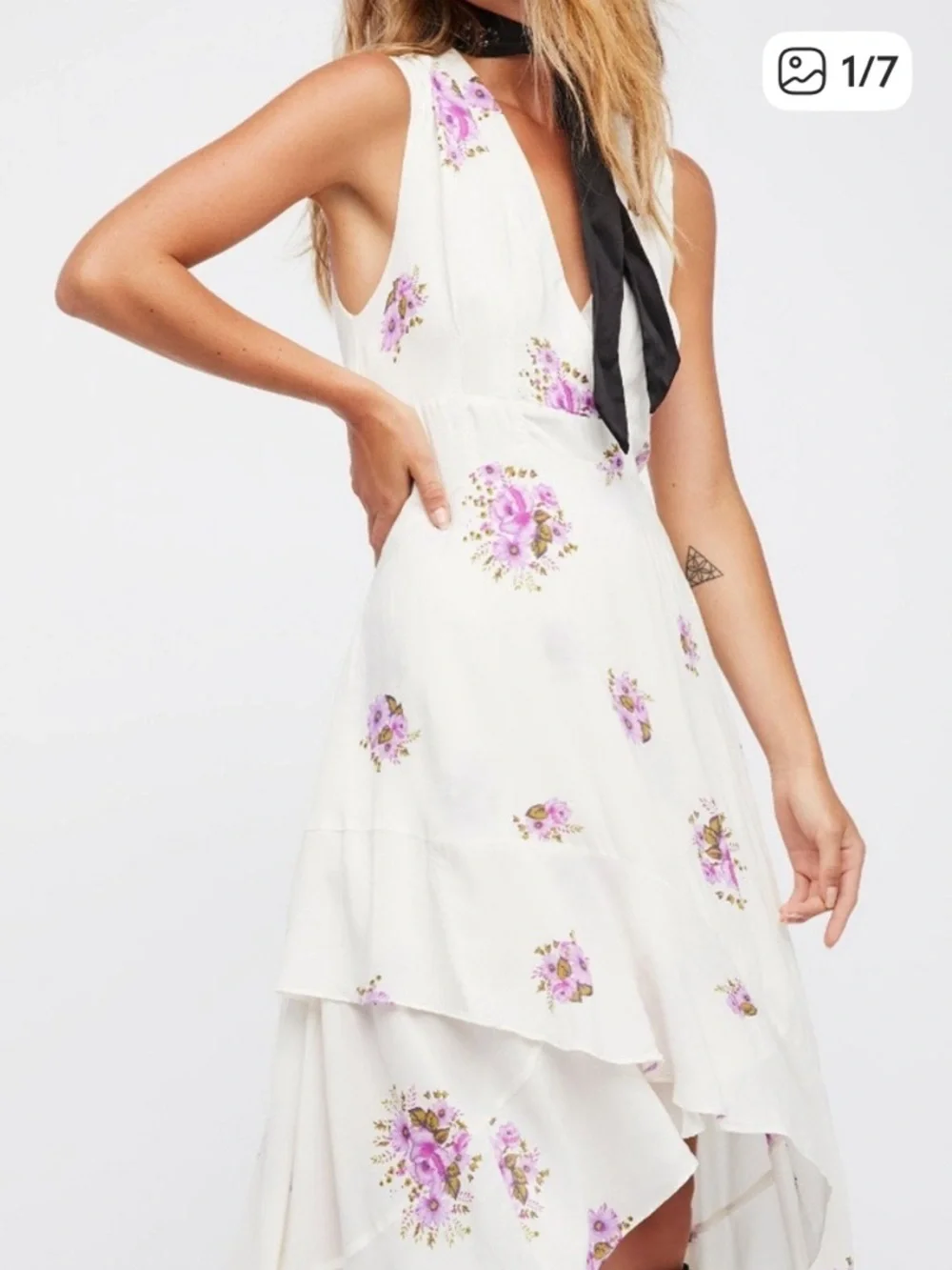Free People Birdie Floral High Low White Dress, sz 12, 20” PTP, 51” L back